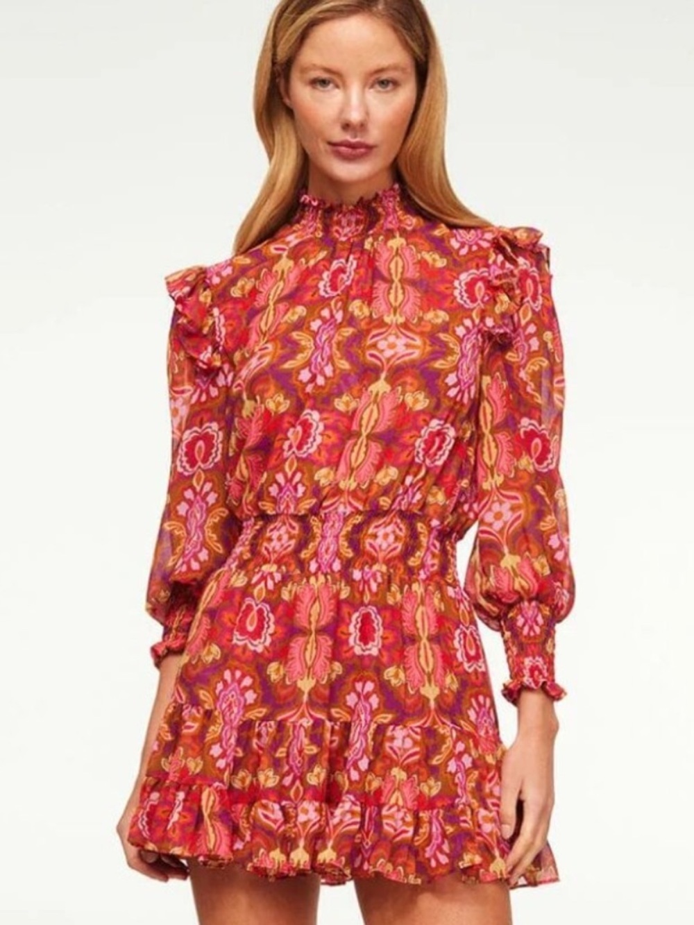 MISA LOS ANGELES Floral Smocked Waist Mini Dress in Multicolor Pink! L